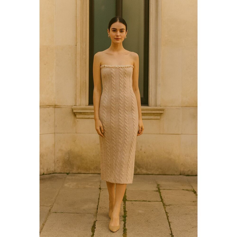 Moon River pearl trim braided Cable Knit sweater midi dress Cream Size S NWT